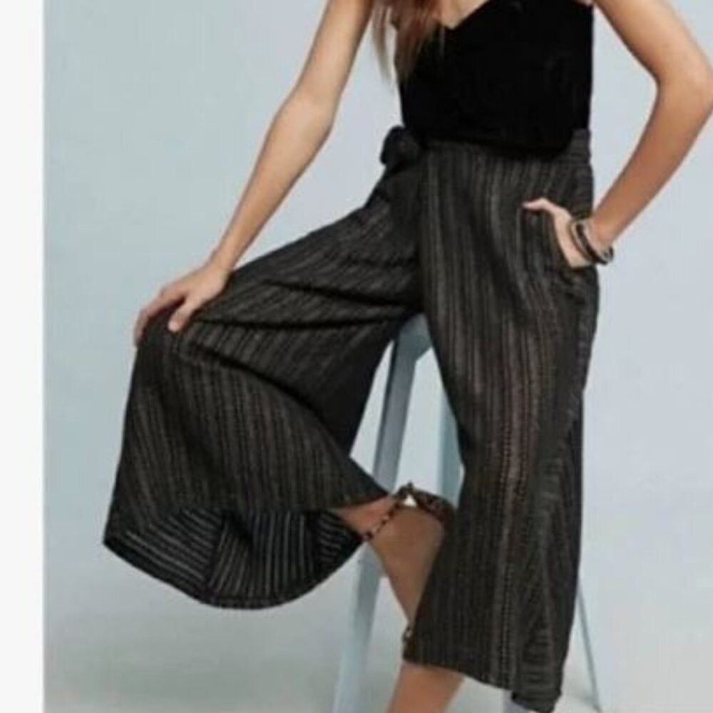 Anthropologie Eva Franco Wide Leg Pants Palazzo Gaucho Black Gold Sz L